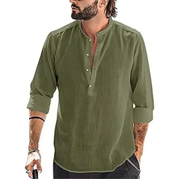 New Mens Linen Henley Shirt Green - Picture 1 of 7